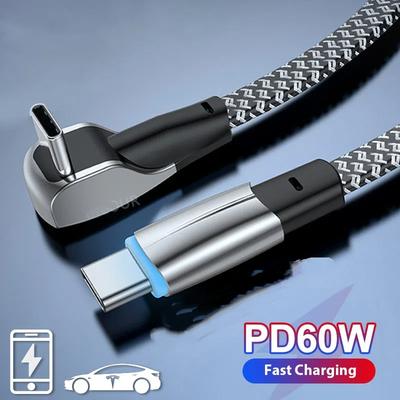 Кабель для быстрой зарядки PD 60W Type C - Type C 90 градусов USB C Быстрое зарядное устройство для Tesla Samsung Xiaomi Huawei с передачей данных