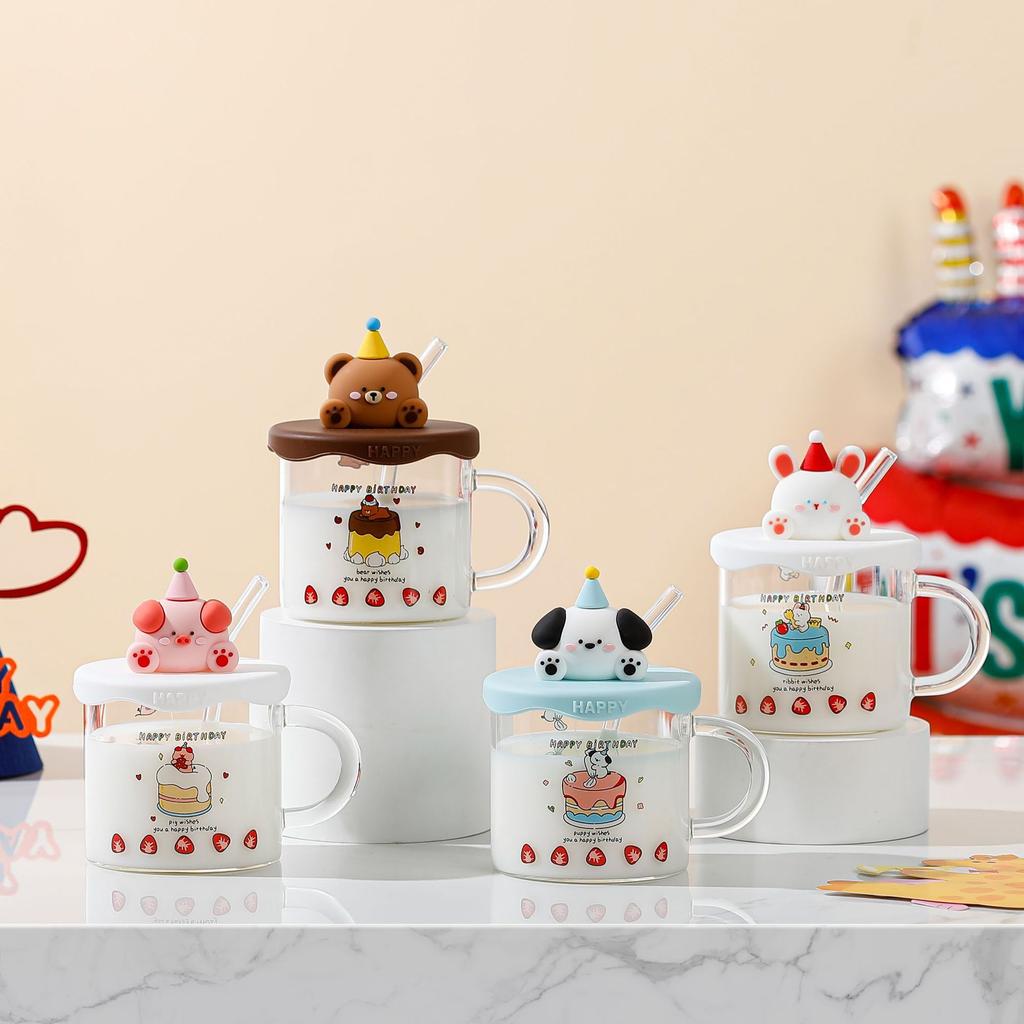 Соломенное стекло из боросиликатного стекла с крышкой и изображением животных, большая емкость для воды, для девочек, высокая термостойкость, простой подарочный набор чашек