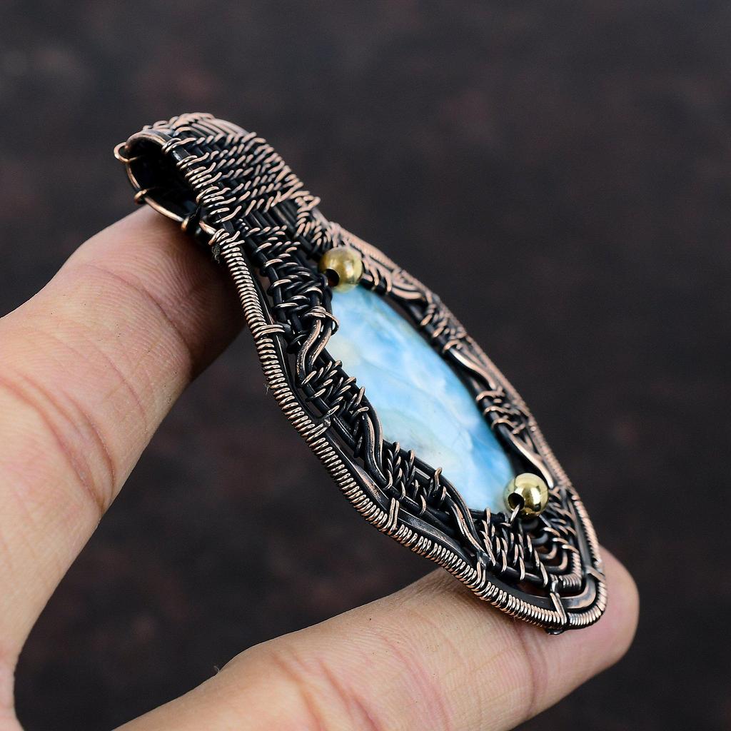 Кулон Ларимар, кулон в медной проволоке, оригинальные ювелирные изделия из драгоценных камней, этнический кулон ручной работы, медные украшения, кулон с камнем, подарок для него