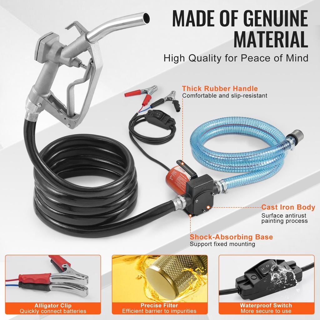 VEVOR Fuel Transfer Pump, 12V DC 19L/min(5.3 GPM) 75W(1/10 HP), Portable Electric Diesel Transfer Pump with Auto Shut-Off Fuel Nozzle