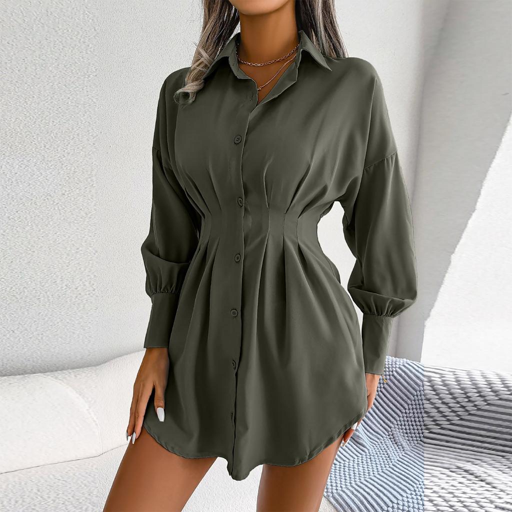 Women's Fashion Solid Color Long Sleeve Neck Waist Dress Shirt Dress