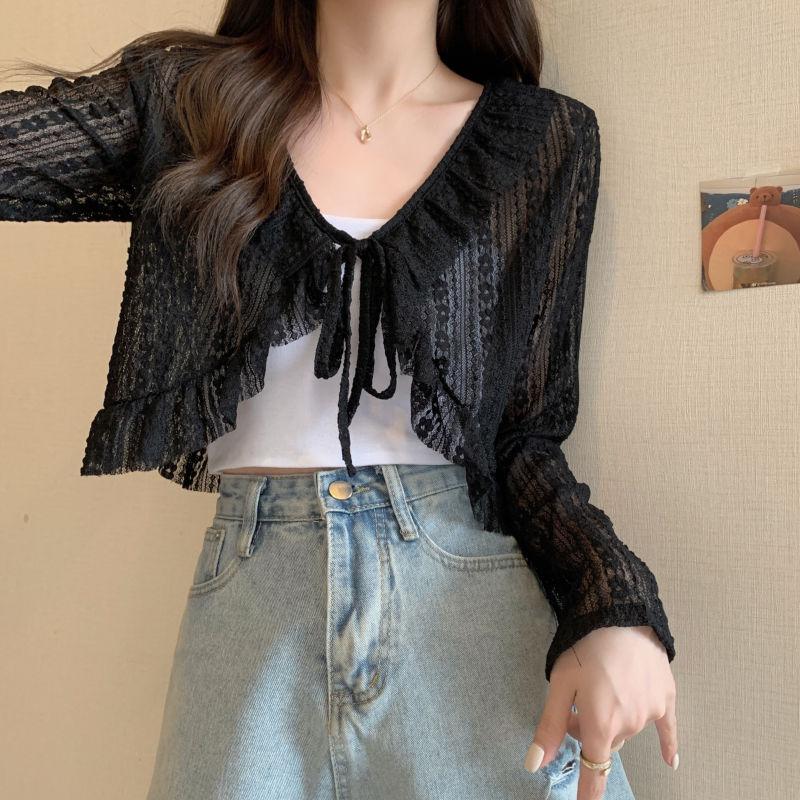 Wearing A Camisole Skirt Over A Cover Up and Lace Shawl Summer Sun Protection Cardigan Thin and Short Lace Up Hollowed Out Jacket