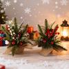 Small Christmas Artificial Plants with Burlap Base Faux Pine Branches with Red Berries/Poinsettias Flower