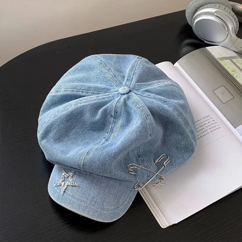 Y2k Original Star Rhinestone Niche Versatile Berets Caps for Women Spring and Autumn Ins Retro Denim Octagonal Newsboy Hats