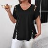 Женская летняя футболка с V-образным вырезом, коротким рукавом, однотонная, свободного кроя, повседневные топы с ажурным перекрестным дизайном