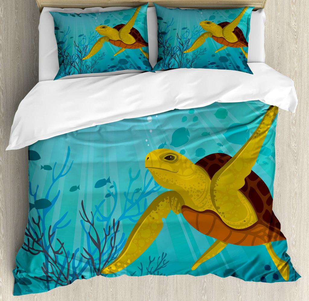 Sea Turtle Bedding Ocean Duvet Cover Set Teal Mediterranean Style Marine Theme Design Ocean Bedding Sets Queen King Twin Size