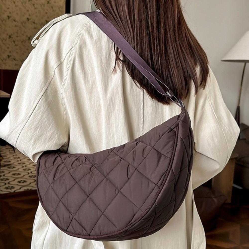 Quilted Half Moon Bag Padded Nylon Shoulder Bag Fashion Plaid Crossbody Bag Female