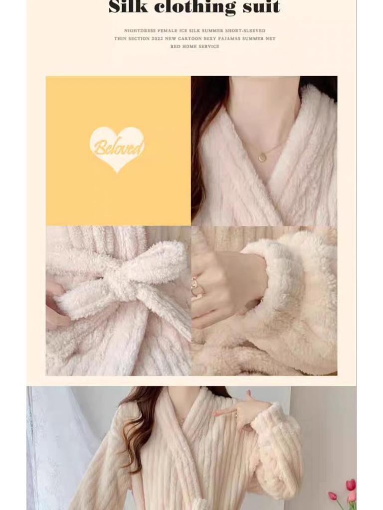 Женский плюшевый пижамный комплект Осень/Зима 2025: Халат в вертикальную полоску и ночная рубашка на подкладке