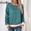 Pinstripe Clashing Top Autumn and Winter O-Neck Patchwork Pullover Loose Sports Sweatshirt