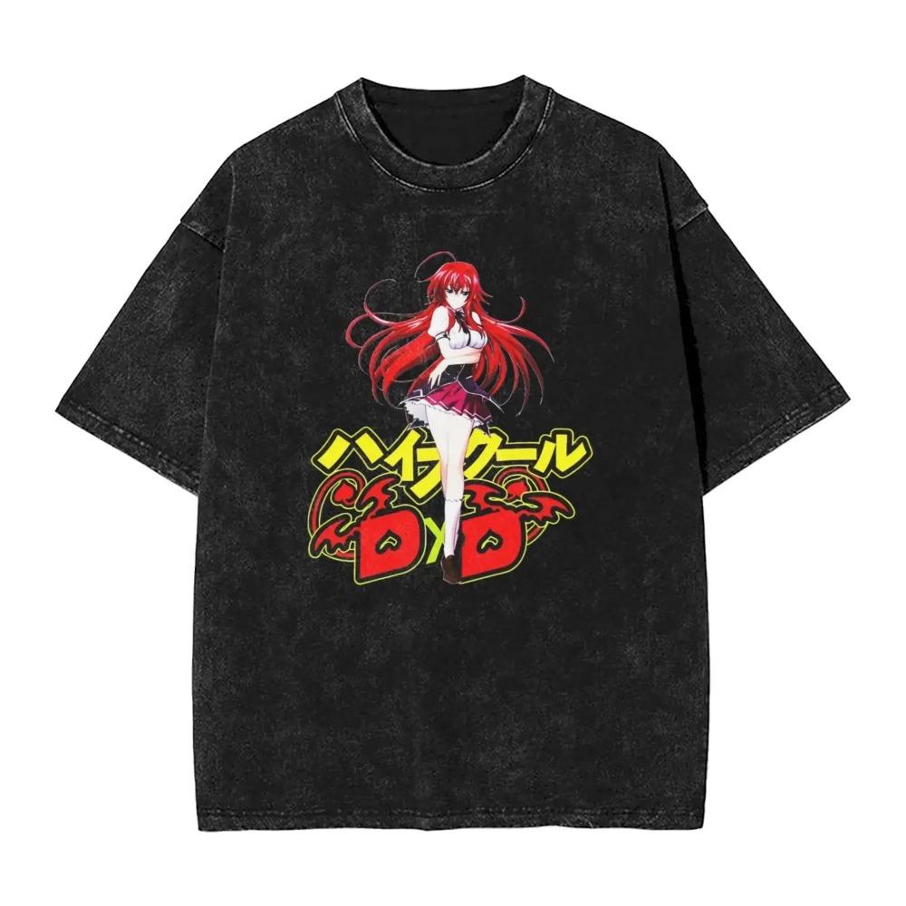 High School DxD Риас Гремори Винтажная Аниме Футболка, Унисекс Отаку Уличная Одежда Футболка, Стиранный Хлопок Повседневный Топ с Коротким Рукавом