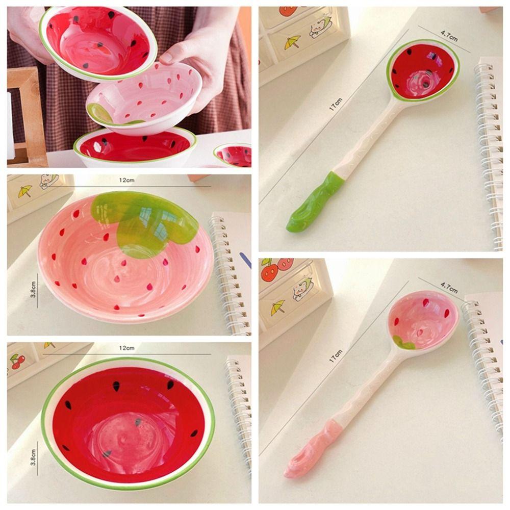 Ceramic Ramen Spoon Watermelon Strawberry Shaped Cereal Bowl Dessert Kitchen