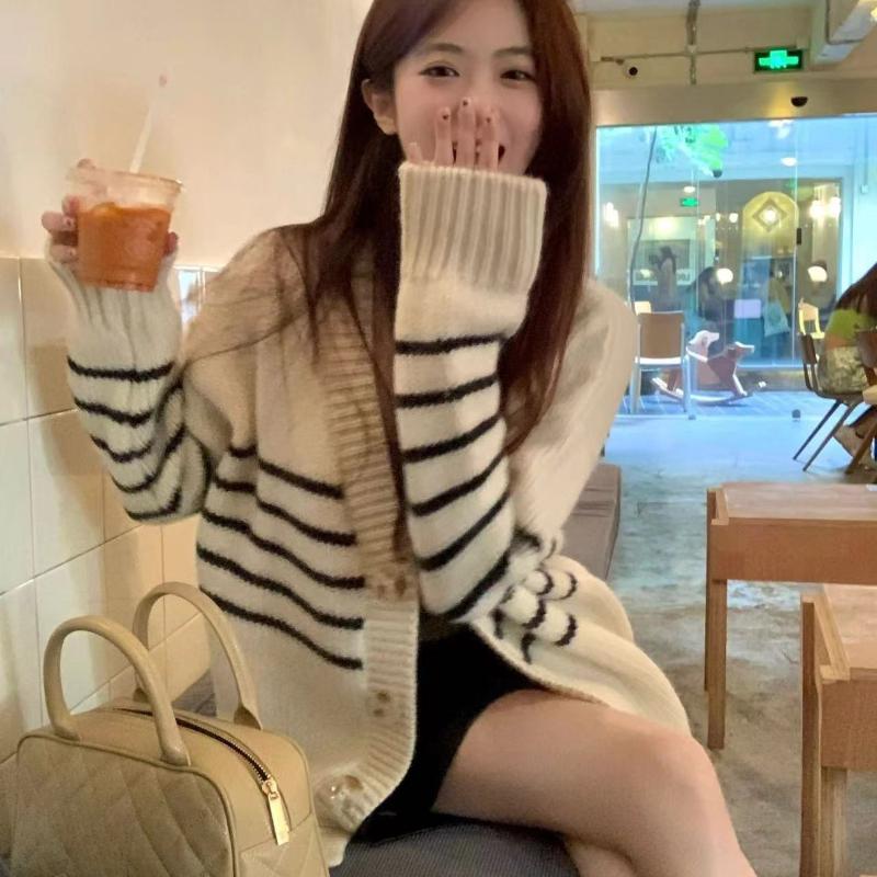 Модный длинный рукав V-образный вырез полосатый вязаный кардиган женский пальто осень и зима свободные женские кардиганы куртка топы элегантный мягкий теплый трикотаж 24826