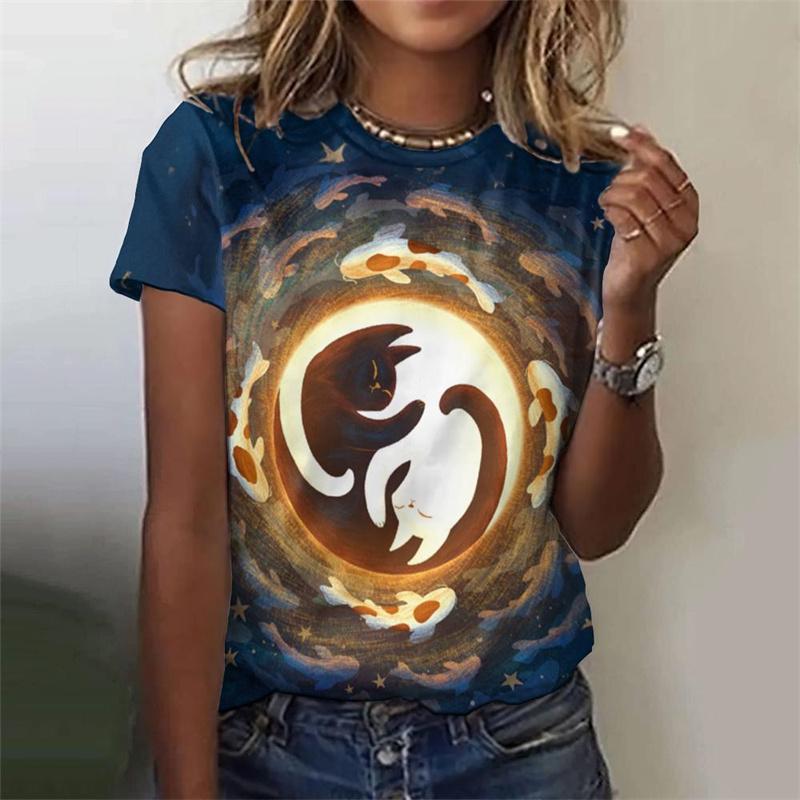 Футболка с рисунком мультяшной ночной кошки для женщин, футболки с 3D-принтом, звезды, луна, летние свободные футболки с круглым вырезом и короткими рукавами
