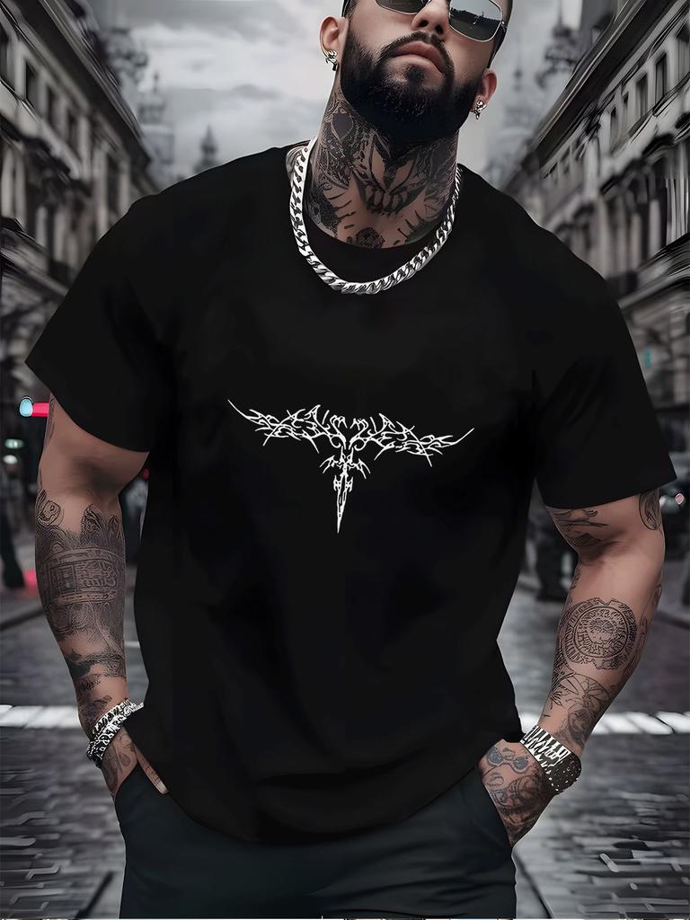 Unisex Summer Cotton Tee Vintage Black Wing Rune Print Short Sleeve Crew Neck Casual Streetwear Loose Fashion Daily Unisexs Tops