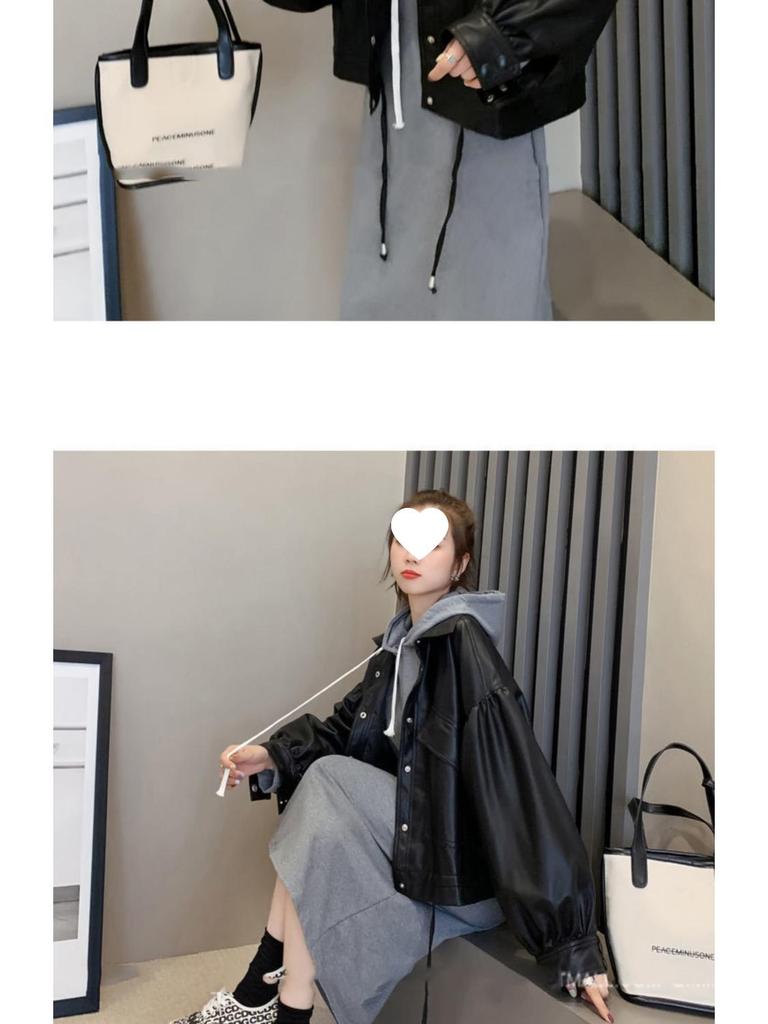 Женская модная свободная кожаная мотоциклетная куртка с рубашечным воротником и кулиской - Корейский стиль