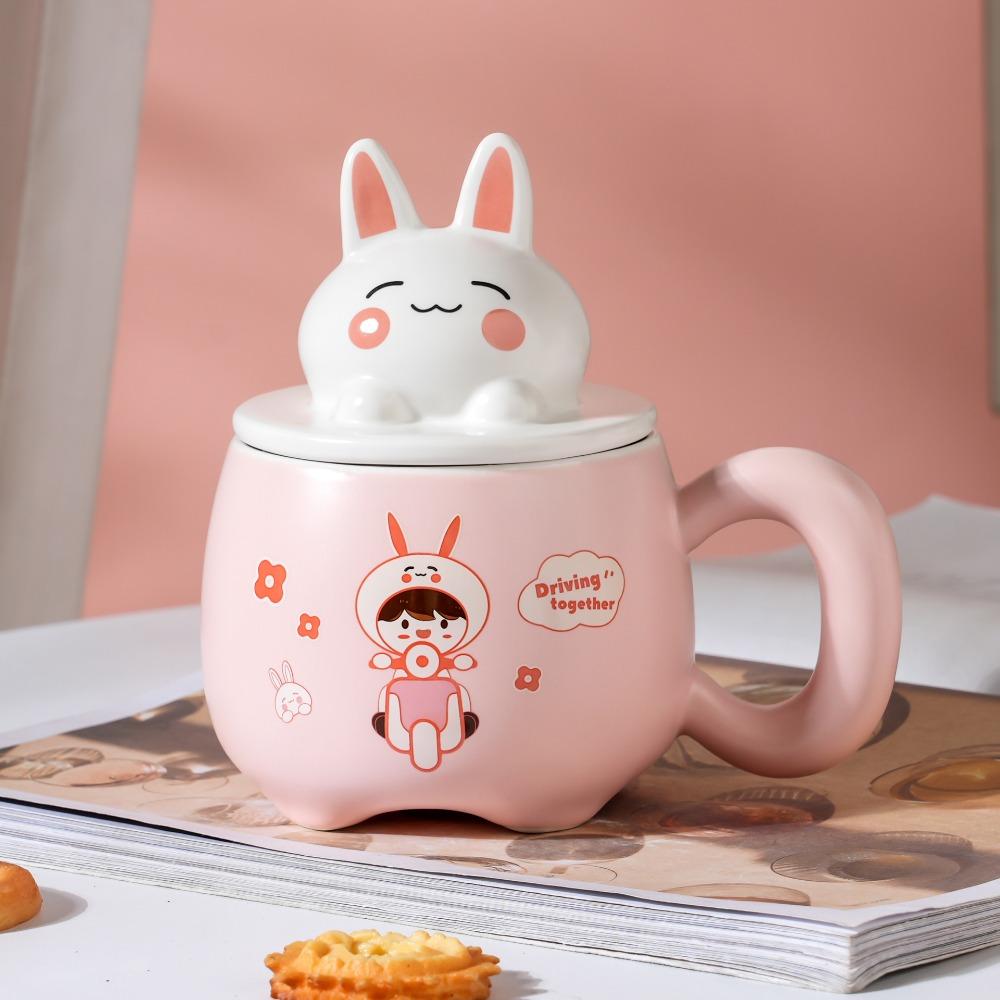 Сердце для девочек с крышкой Ложка Кролик Мультфильм Керамическая чашка Милая розовая кружка Высокий внешний вид Большая емкость Сувенир