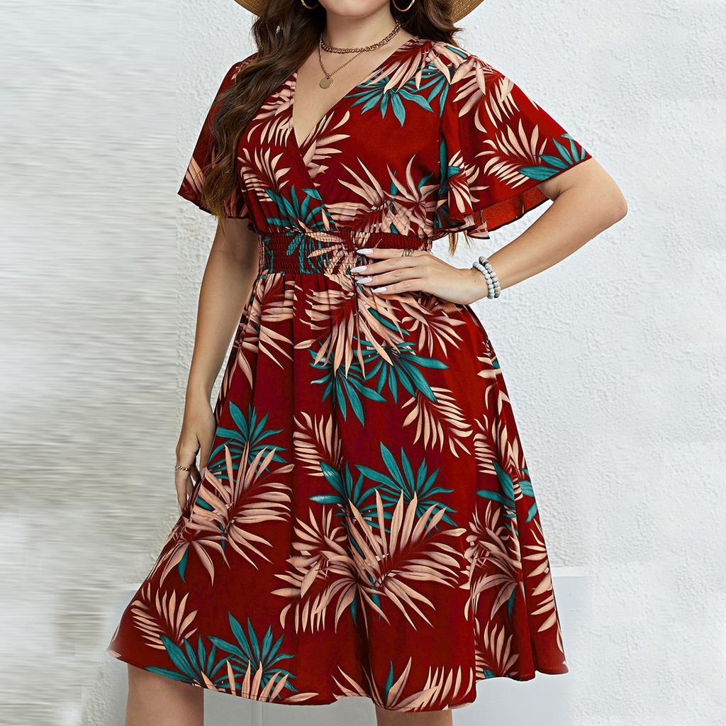 Women's Fashionable Print Round Neck Loose Short Sleeved Pocket Pullover Dress