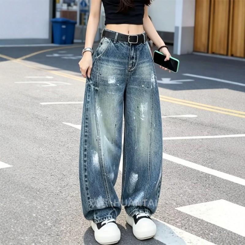 High-Waisted Wide-Leg Denim Pants With Letter Print Streetwear Style Loose Fit Cropped Flare Jeans Women Men 2026