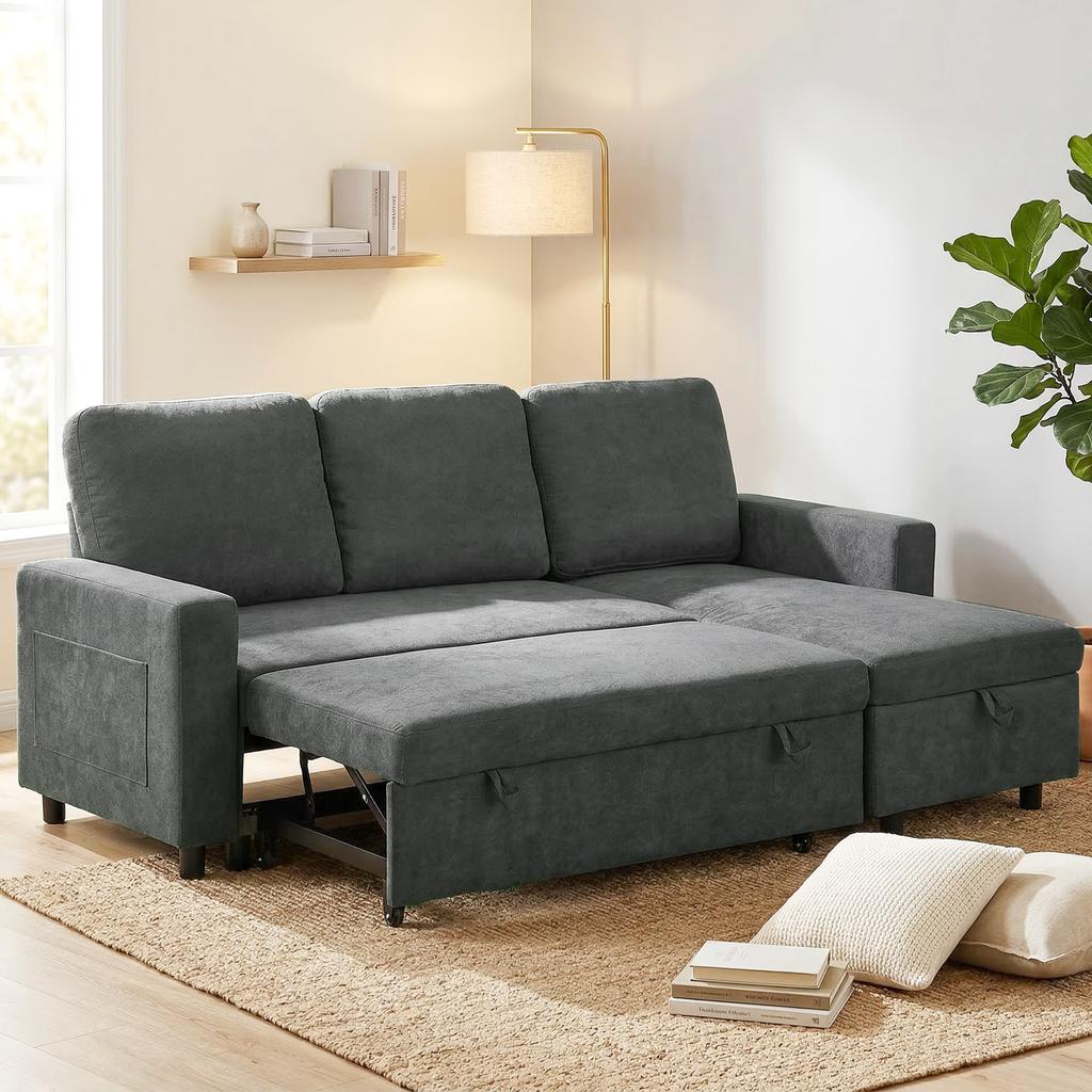 L Sofa Bed, with Storage - Charcoal Grey
