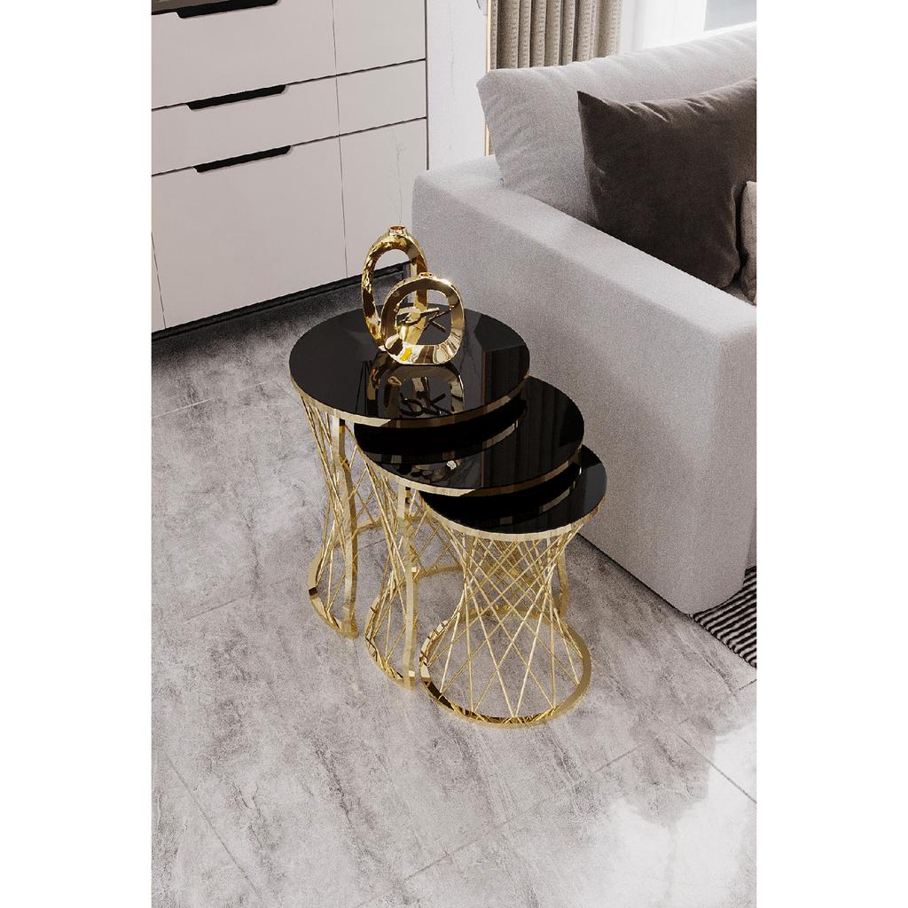 Плетеный 3-местный журнальный столик Nesting Золотисто-черное зеркало