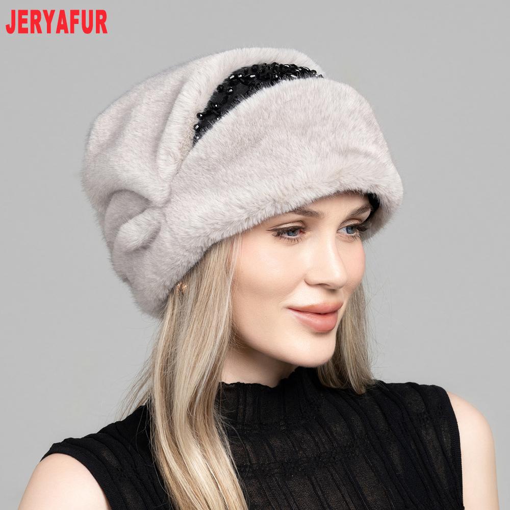 JERYAFUR Женская зимняя шапка из искусственного меха, элегантный декор из бусин, теплая роскошная женская шапка-ушанка для холодной погоды