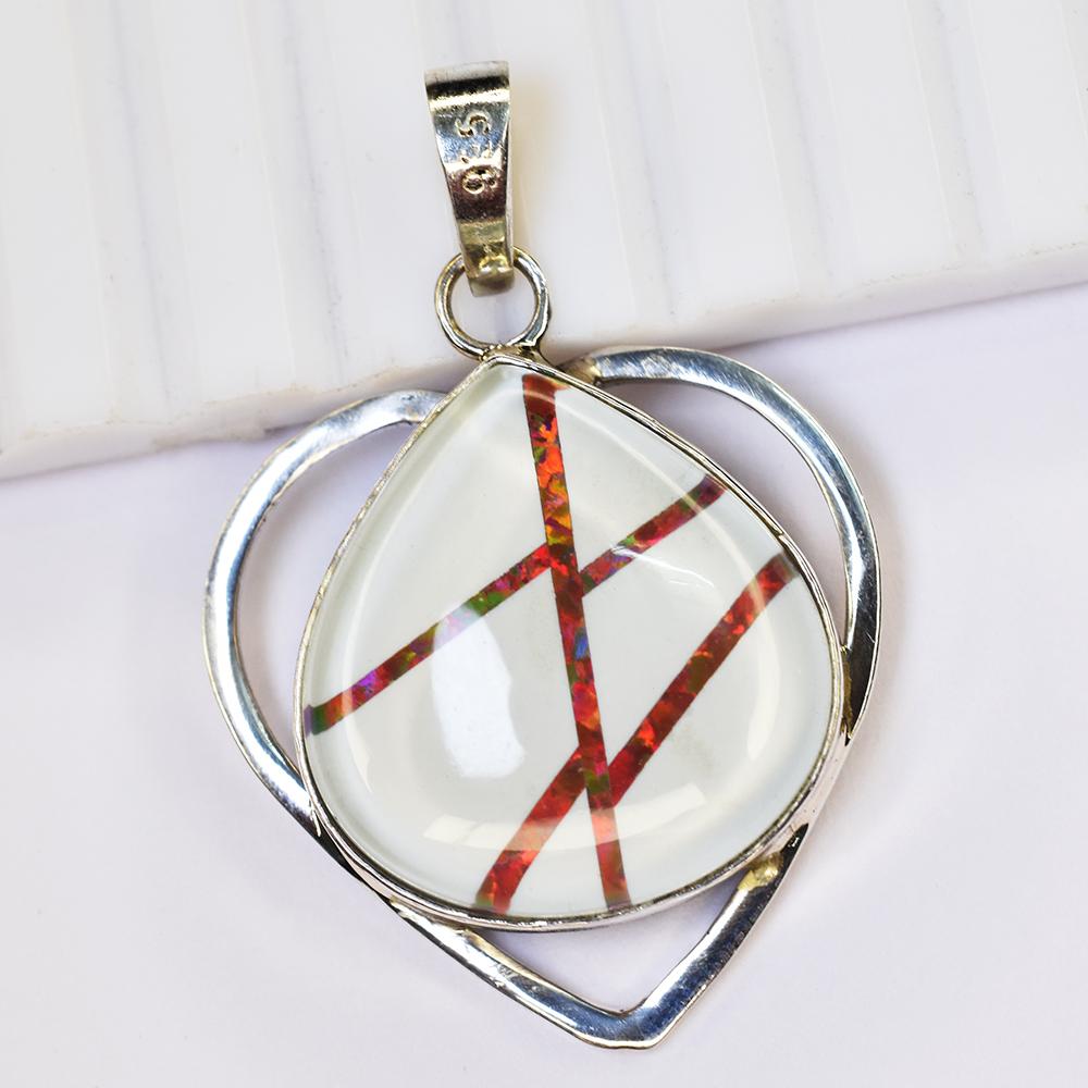 Natural White Opal Pendant -Multicolor Pear 39 ct 925 Sterling Silver October Birthday Birthstone