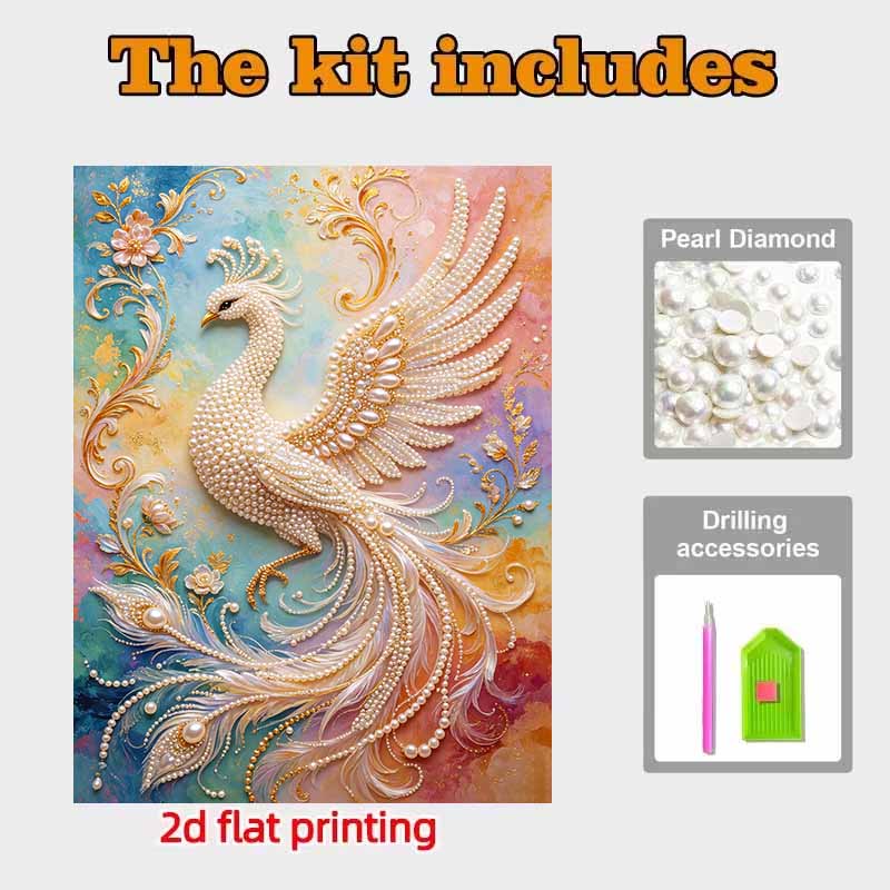 Pearl painting kit, 5D pearl shaped diamond elegant white phoenix painting kit suitable for home living room, bedroom, study room wall art gifts