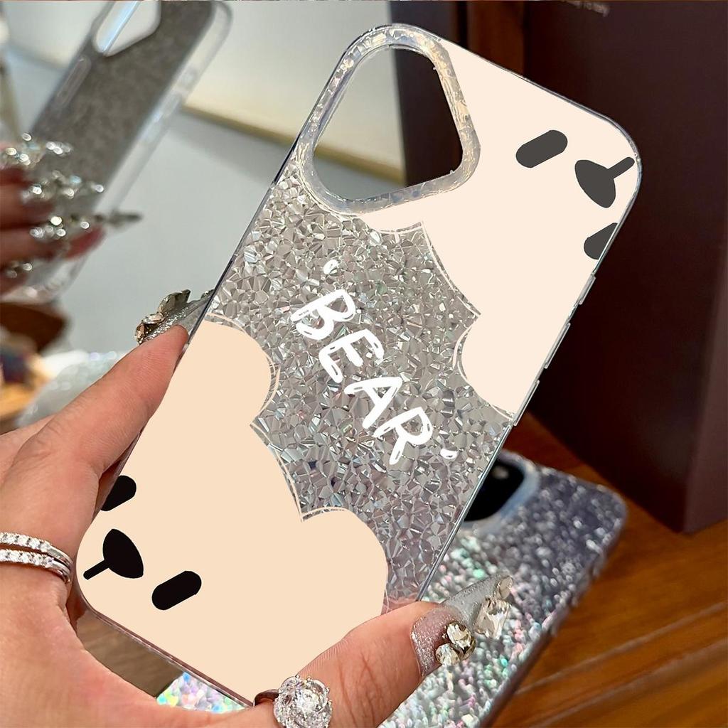 Чехол для iphone 18 Pro Max XR 16 Plus 12 11 17 Pro 15 XS Max 14 13 Air Бежевый Контур Медведя Блеск Трескающаяся Фольга Акрил ТПУ Чехол для Телефона
