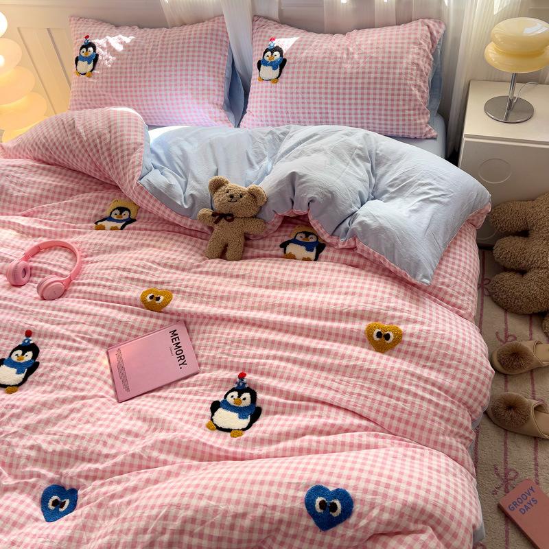 Аппликация Вышивка Инс Вышивка на полотенце Стиранный хлопок Четырехпредметный Пододеяльник Простыня Общежитие Трехпредметный Постельный комплект Простыня Пододеяльник