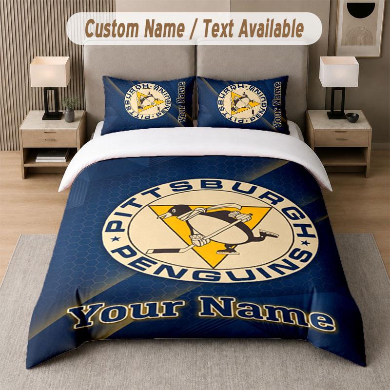 Custom Bedding Set Pittsburgh Penguins Pattern, Print Name Text 1 Duvet Cover plus 2 Pillowcases Home Textile