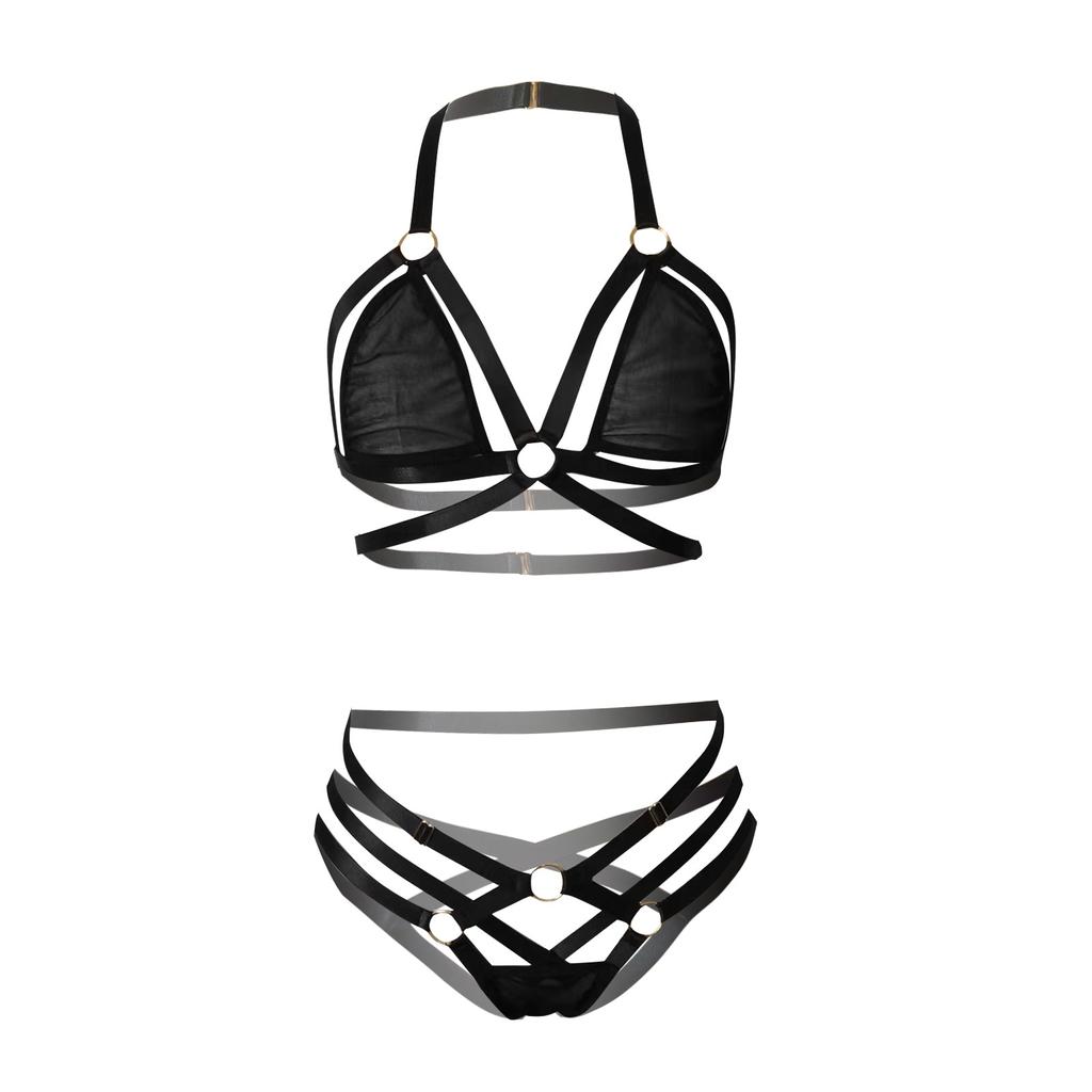 Fashion Women's Sexy Cross Strap Hollow Out Funny Lingerie Two-piece Sexy Underwear