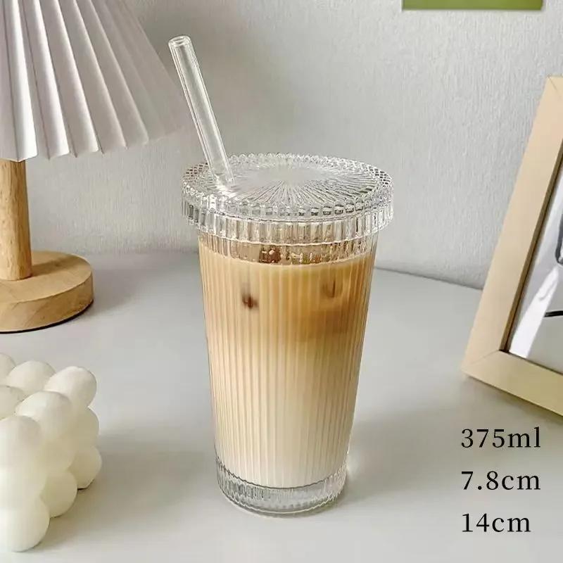 375 мл полосатая стеклянная кружка с крышкой и соломинкой в японском стиле шикарные кружки для молока кофе посуда для напитков чай подарки на день рождения виски стаканы