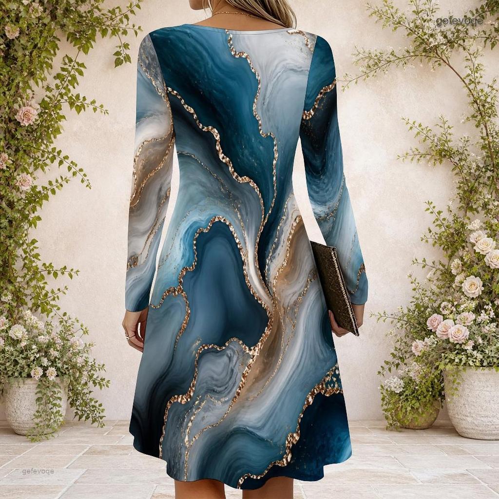 Women Criss Cross V Neck Long Sleeve Gradient Swirl Printed Curved Hem Dress