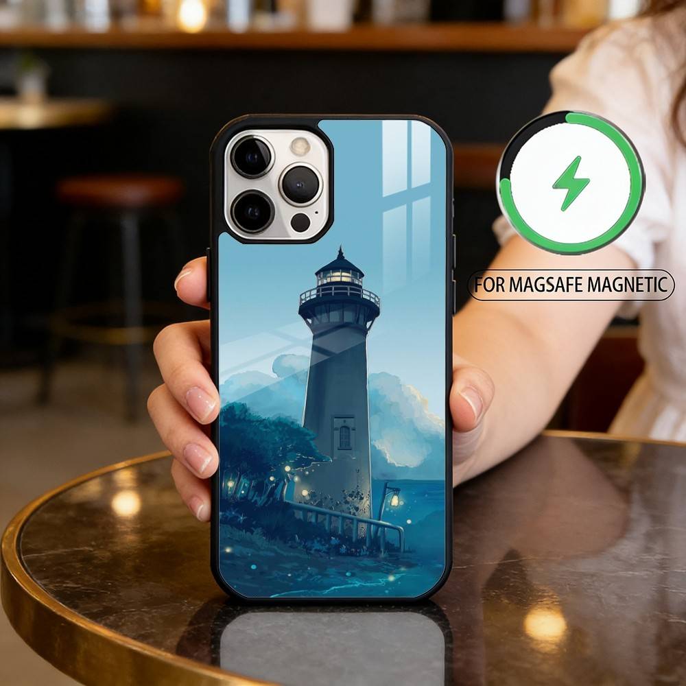 Cartoon Art Lighthouse Magnetic For Magsafe Wireless Charging Phone Case For iPhone17,16,15,14,13,12,11 Plus,Pro Max