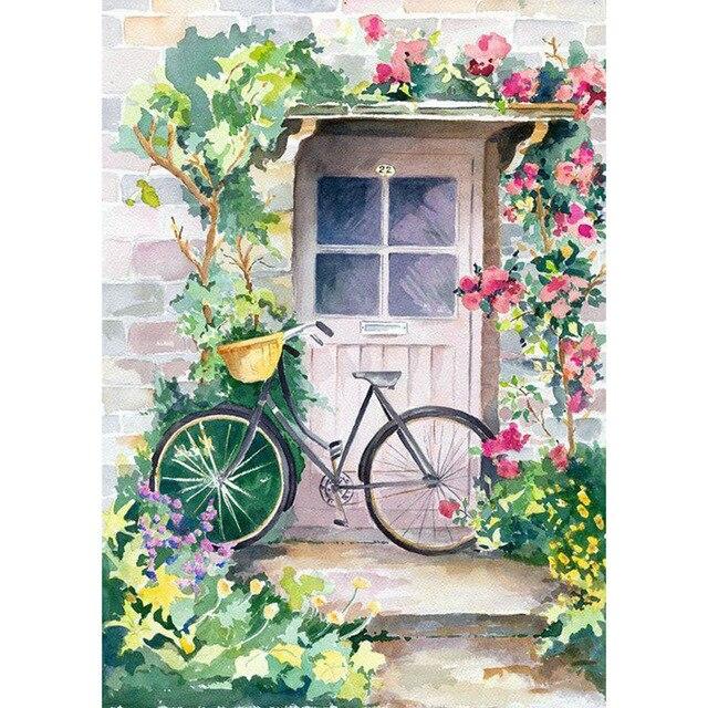 Пейзаж DIY 5D алмазная живопись набор для вышивки крестом мозаика красивый розовый цветок велосипед Алмазная вышивка украшение дома подарок