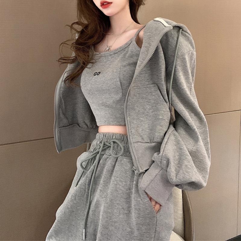 Women Spring Fall Solid Color Loose Zipper Hooded Sweatshirt Short Coat Tank Tops Casual Sweatpants Three Pieces Set Sport Suits