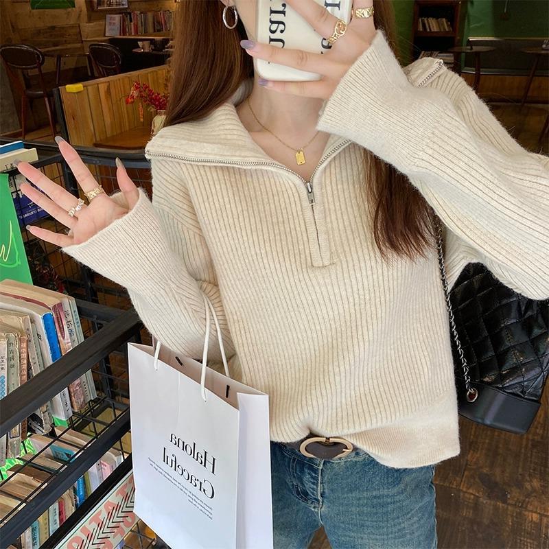 Свитер с полумолнией, женский свободный свитер, новинка, верхняя одежда на весну и осень, топ с лацканами, женская одежда