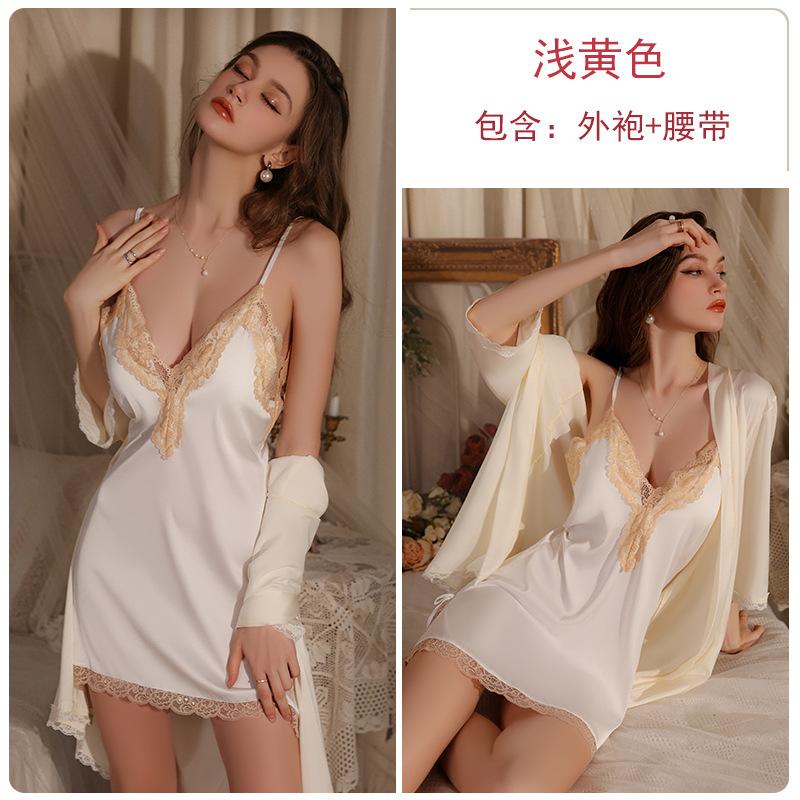 Women's Lace Push Up Padded Backless Cami Sleep Dress with Tie Robe Lounge Set