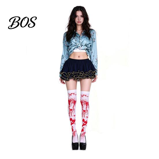 Comfortable Zombie Cosplay Costume Halloween Blood Print for Women, Scary Apron, Hooded Elastic Polyester Horror Themed Apparel Cloak, Stockings