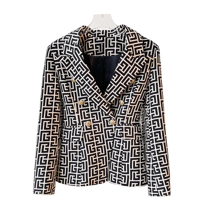 2025 European & American Celebrity Women's Slim Fit Double-Breasted Geometric Jacquard Suit Jacket with Lion Buttons.