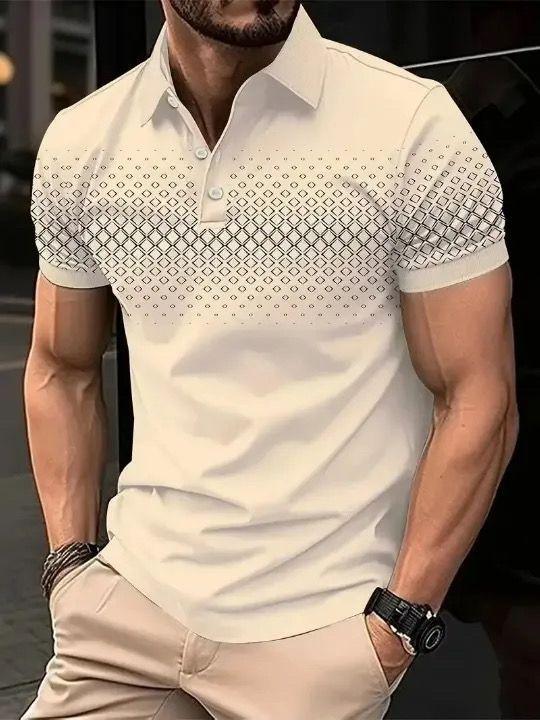 Geometric pattern short-sleeve polo, stylish for casual wear.