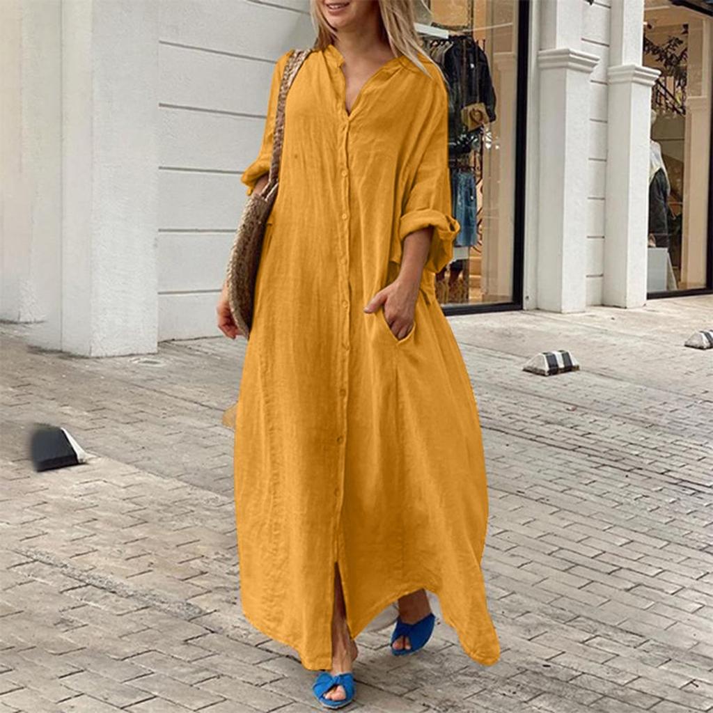 Women's Fashion Casual Pocket Solid Color Long Dress Casual Cotton Hemp Large Dress