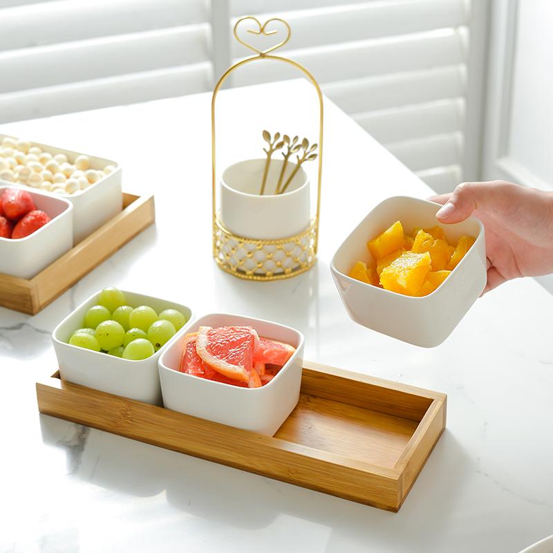 Керамическая бамбуковая и деревянная тарелка с отделением для сухофруктов, ящик для хранения закусок, фруктовая тарелка, отдельная тарелка, тарелка для закусок, деревянный поднос