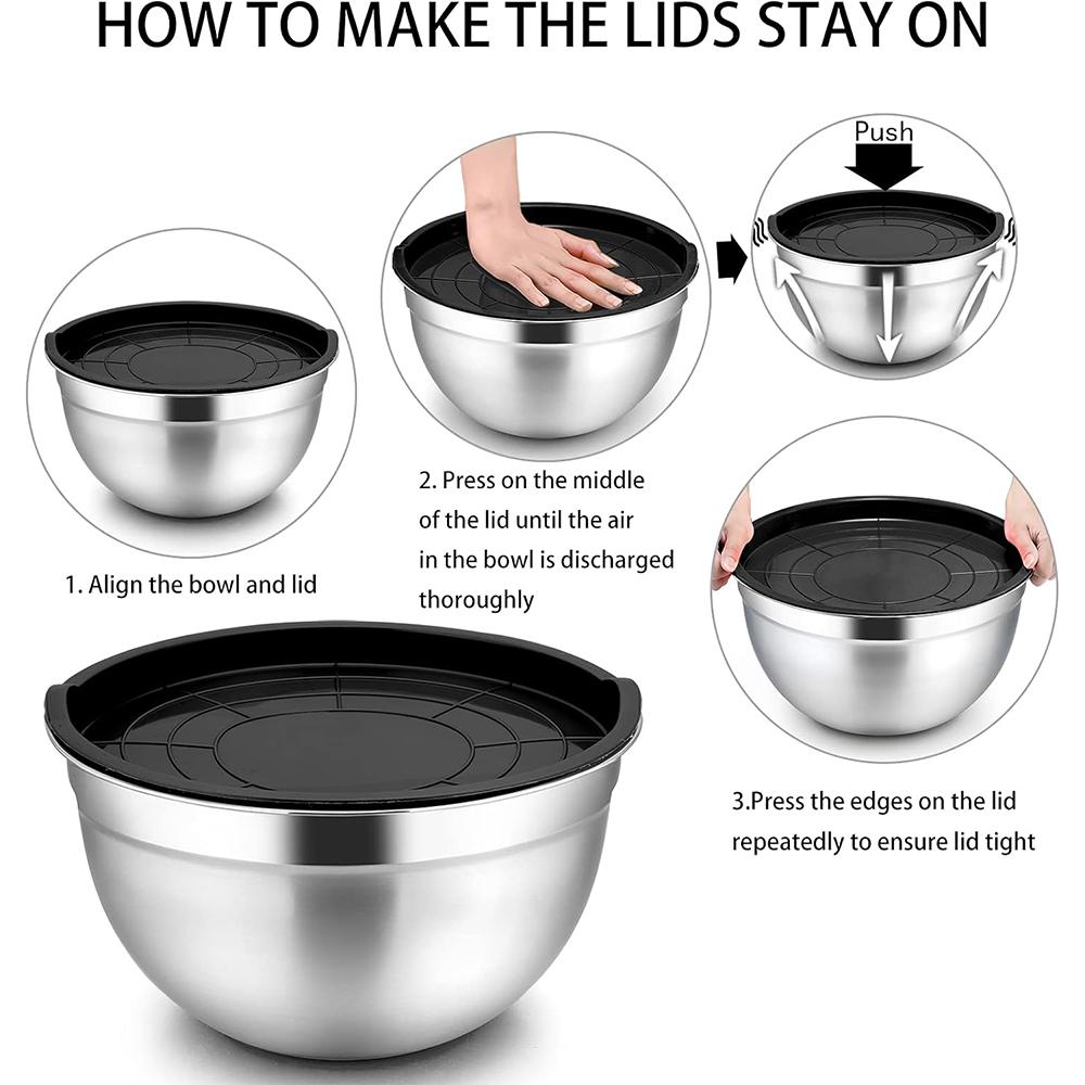 LMETJMA 6 шт. миски для смешивания из нержавеющей стали с черными крышками, кухонная вложенная миска для смешивания салата с нескользящим силиконовым дном JT327