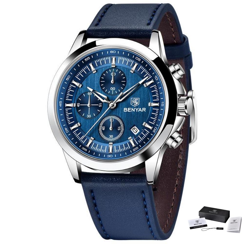 BENYAR New 40MM Men's Multi Functional Chronograph Quartz Watch Lumious Leather Strap Sports Wristwatches For Man