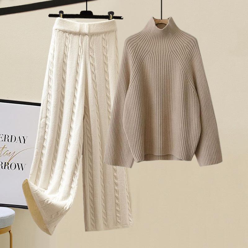 Women's Thickened Vest Turtleneck Knitted Sweater Wide Leg Pants Three Piece Autumn Winter Suit