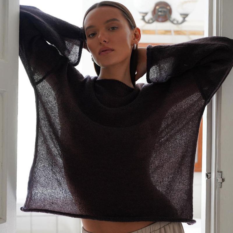 Fashion Hollow Loose Knitted Pullovers T-shirt Women Tops Spring Round Neck Flare Sleeve Women T Shirts Casual Autumn Thin Perspective Sexy Tee 25946