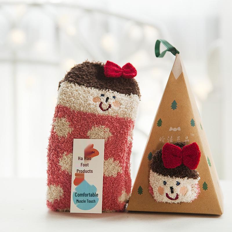 3D Cartoon Coral Fleece Christmas Socks for Adults & Kids, Half-Velvet with Acrylic Ball Design