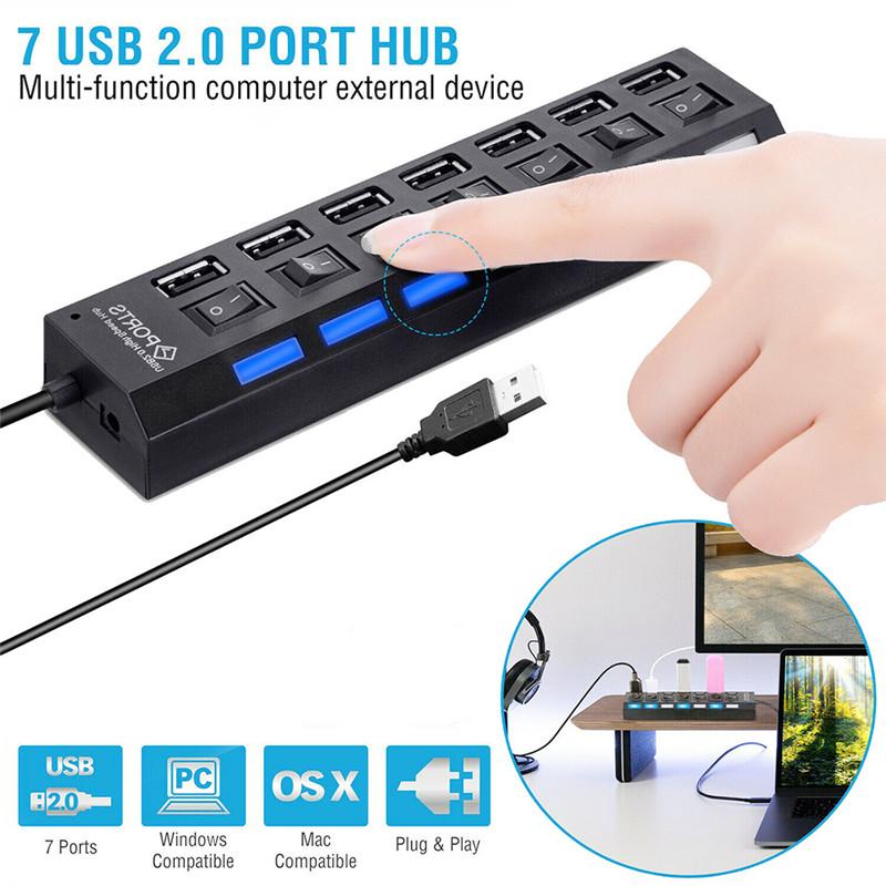 4/7 Ports USB HUB with On/Off Switch LED Light USB 2.0 Hub High Speed Adapter Portable USB Splitter For Computer Laptop Accessories