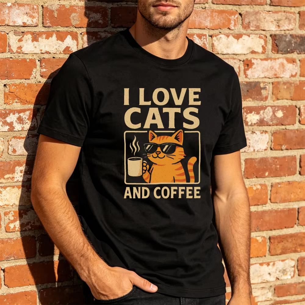Vintage I Love Cats And Coffee Graphic T Shirt Cool Ginger Cat With Sunglasses Print Cat Lover Coffee Addict Pet Owner Clothes